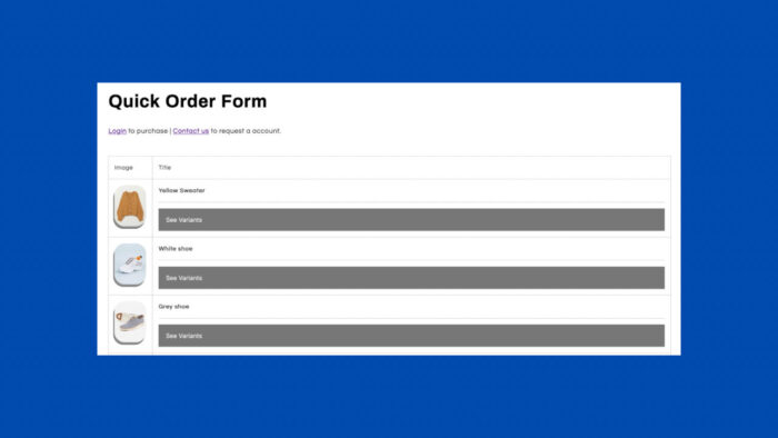 quick order form shopify